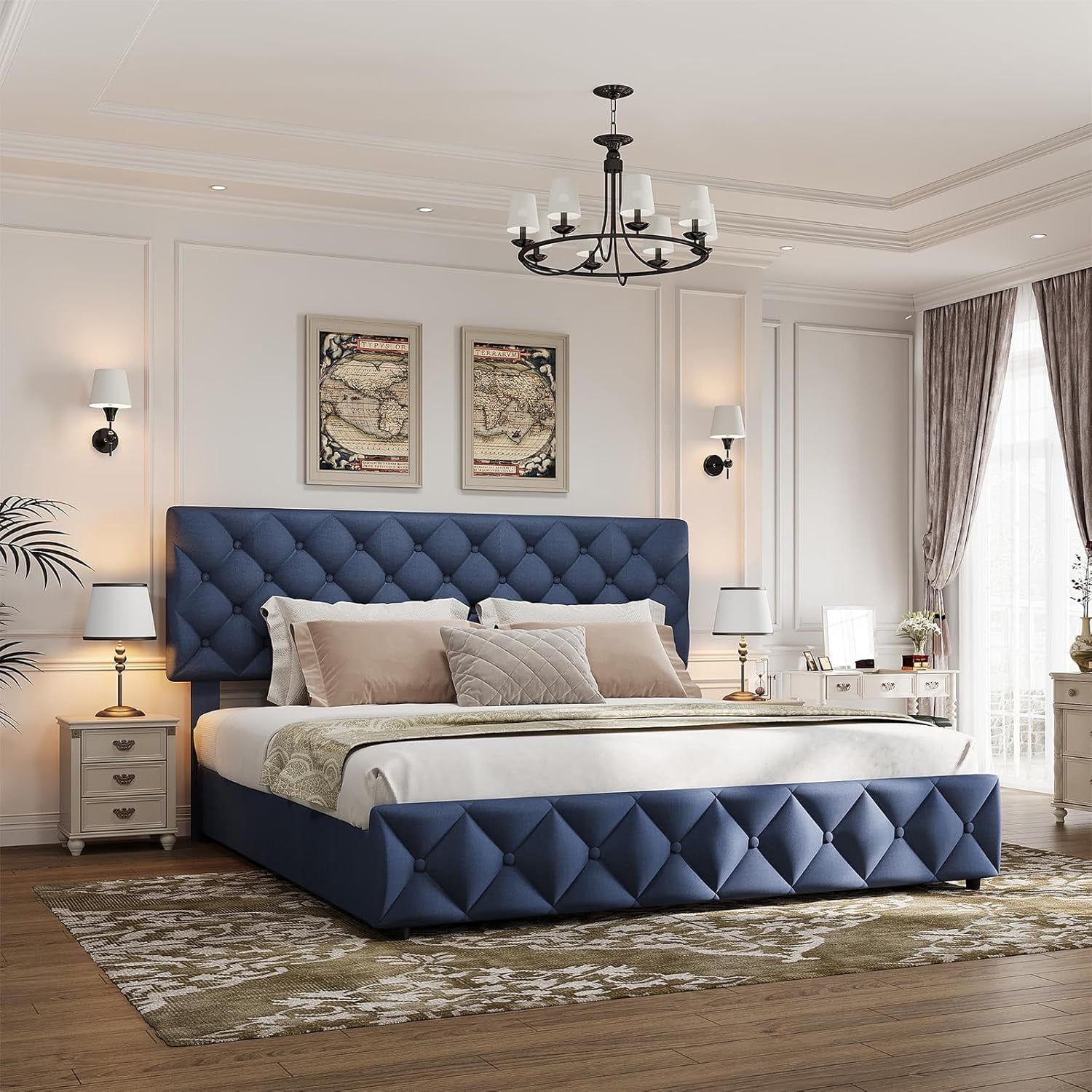 Eastvita King Size Bed Frame with 4 Storage Drawers & Adjustable Headboard, Blue