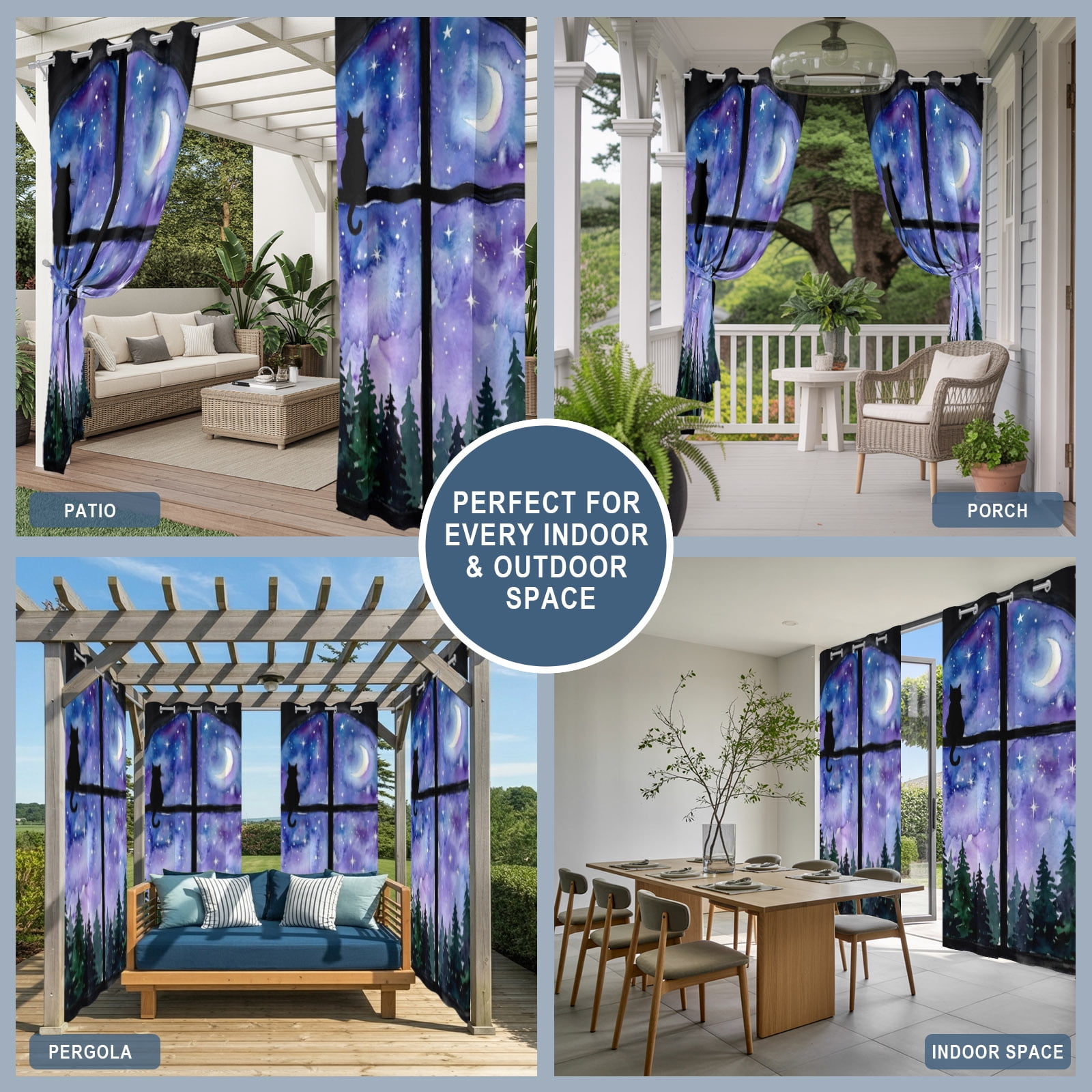 Night Window View Outdoor Curtains for Patio, Cat Moon Forest Starry Sky Sunshade Privacy Drapes Grommet Waterproof Outside Curtains for Porch/Cabana/Balcony 54"x 84", 1 Panel