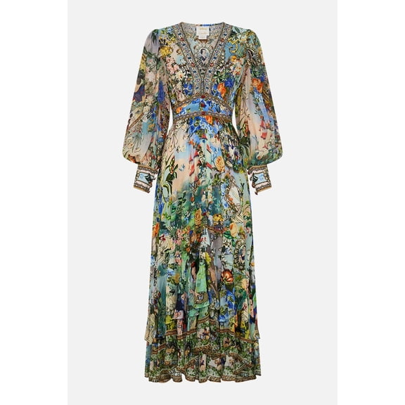 Women's Printed V-Neck Long Sleeve Puff Sleeve Waist-Cinching Summer New Chiffon Dress