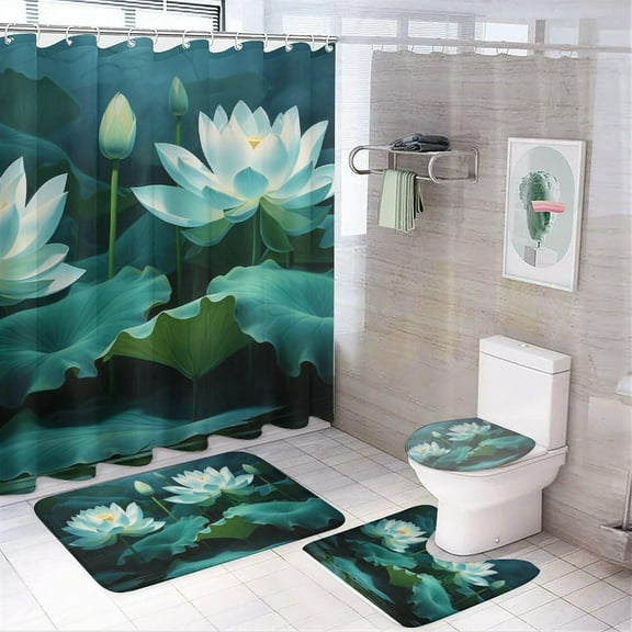 4Pcs Vintage Lotus Flowers Waterproof Shower Curtain Sets for Bathroom,Rural Blooming Floral Classic Bathroom Decor Set with Shower Curtain and Rugs and Accessories