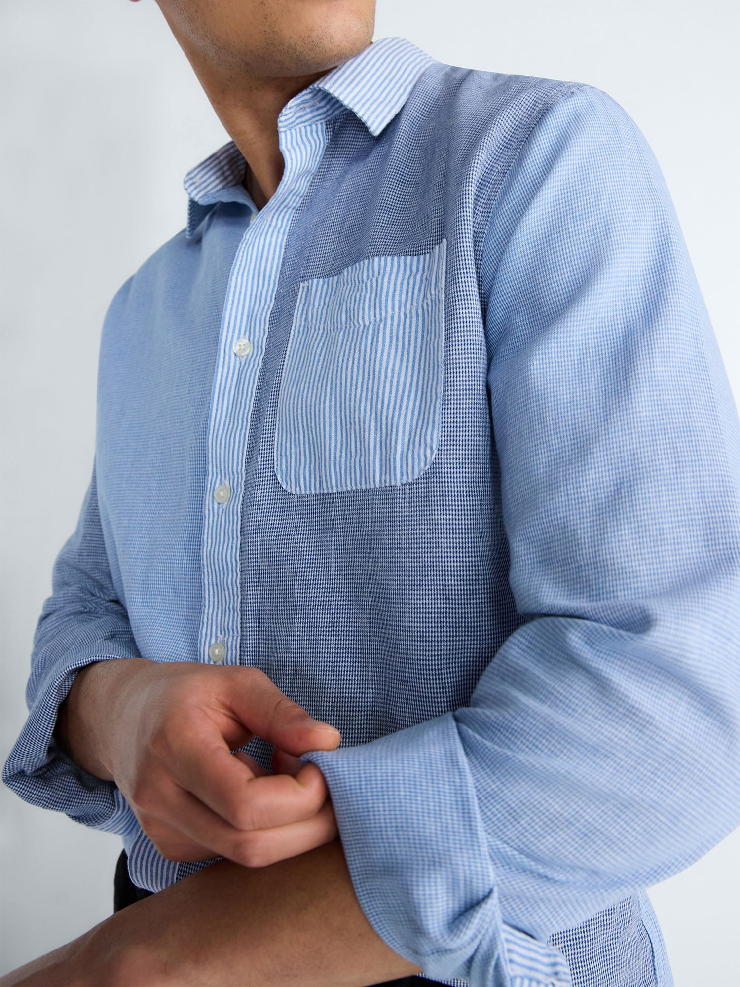 Free Assembly Men's Linen Blend Mixed Pattern Button Front Shirt, Sizes XS-3XL