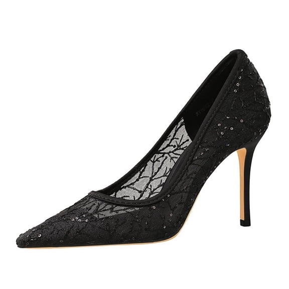 Women Pointed Toe High Heels Sexy Pumps Stiletto 9CM Sequins Black Lace Mesh for Bride Prom Party