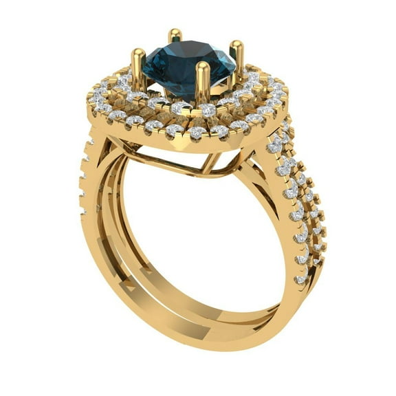 1.8 ct Brilliant Round Cut Natural London Blue Topaz 14K Yellow Gold Halo Solitaire with Accents Engagement Bridal Wedding Ring Band Set size 8.5