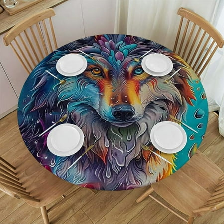 

Orinice Wolf Colorful Water Drops Round Table Cover Stain Resistant Washable Indoor Outdoor Tablecloth Kitchen Dining Wedding Parties Table Cloth 100% Polyester Fiber 42-46