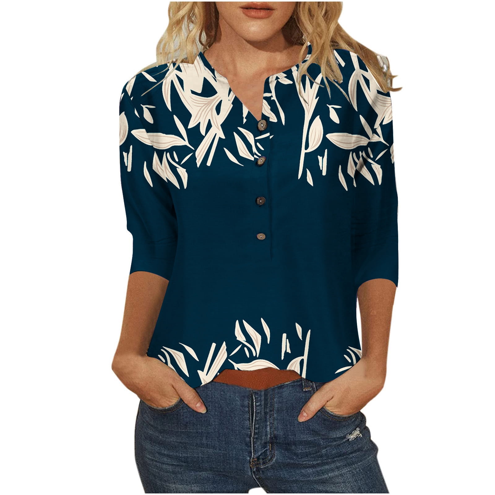 Tklpehg 3 4 Sleeve Tops For Women Buttons V Neck Floral Graphic Tops tklpehg-3-4-sleeve-tops-for-women-buttons-v-neck-floral-graphic-tops