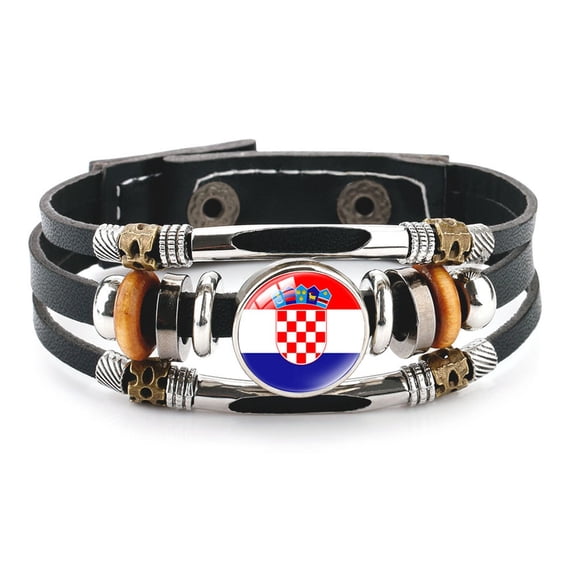 Uijokdef Country Flag Leather Bracelet, Multi-Layer Black Cowhide Design, 7.87 Inches