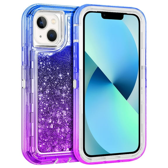 For Apple iPhone 14 6.1 inch Dual Layer Protective Shockproof Tough Defender Sparkling Liquid Glitter Heart Case Cover Blue/Purple