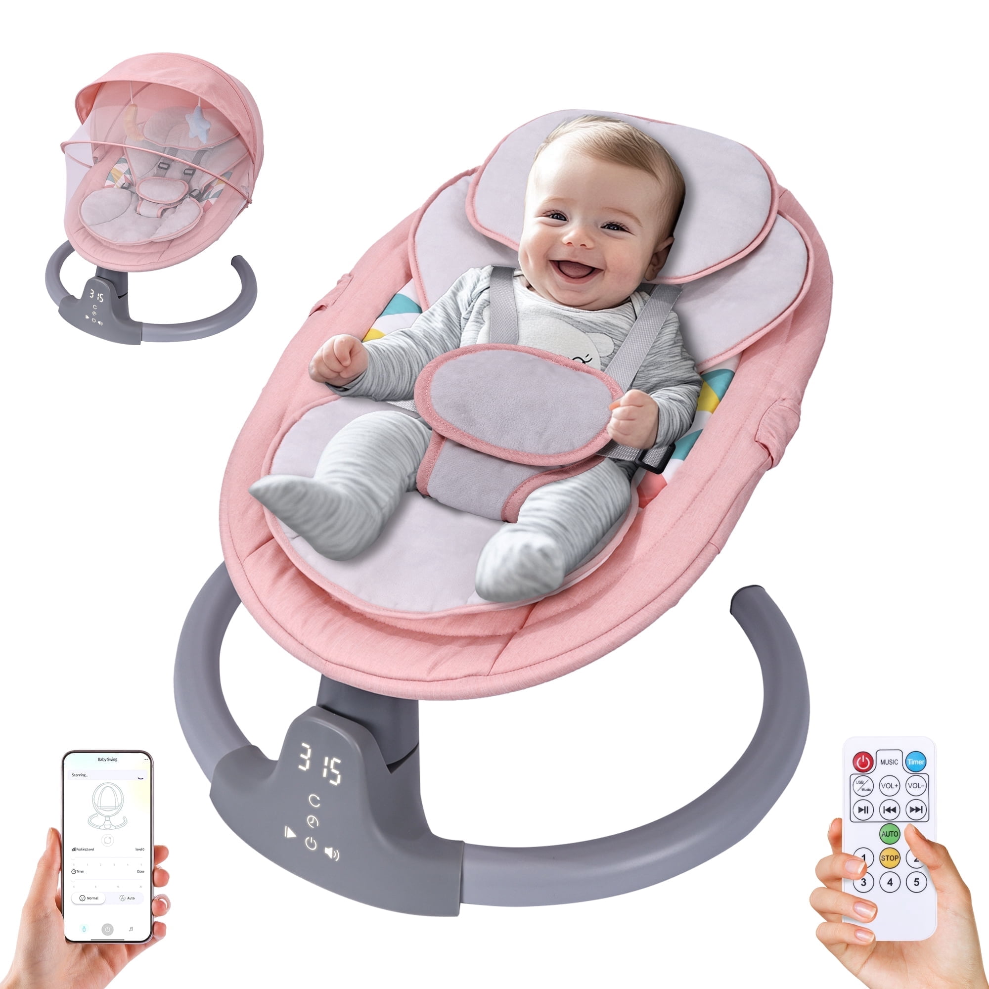 Baby Swing,HDJ Baby Swing for Infants,Portable Electric Baby Rocker with 5 Sway Speed,10 Preset Songs,Remote Control,Bluetooth Music,Pink