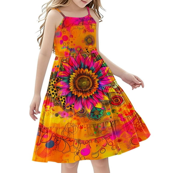 11-12 Years Girls' Summer Floral Dress Kids Sleeveless Square Neck Smocked Flowy Dresses 5-14 Years