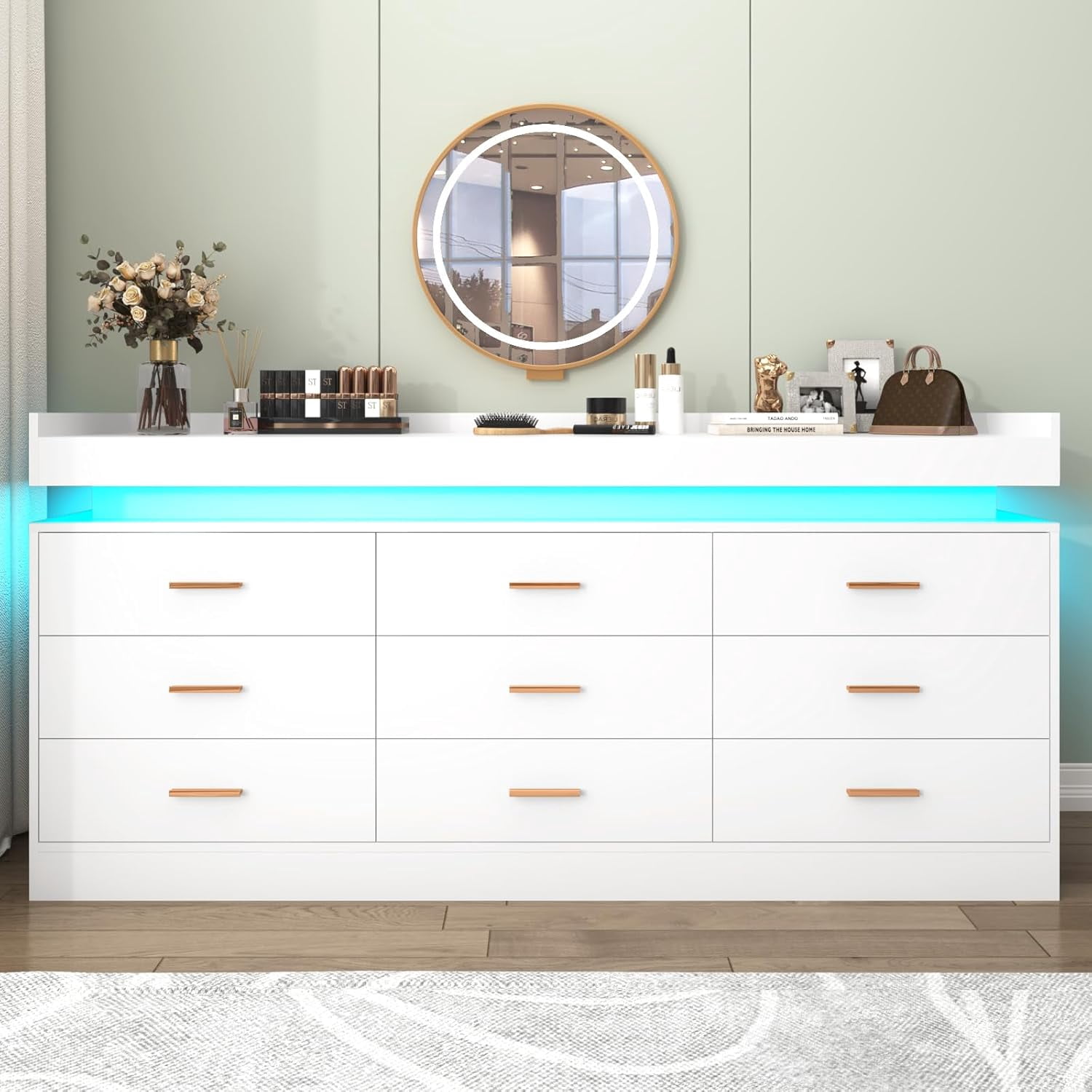 ChVans White Dresser with LED Light and Charging Station, Modern Wood Dresser with Wide Drawers and Metal Handles, 9 drawer dresser for Bedroom, Living Room, Entryway, Hallway