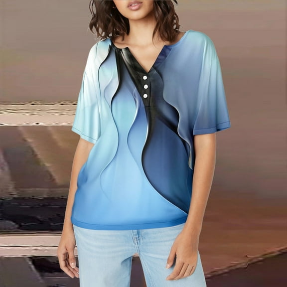 Blue Women's Short Sleeve T-shirt, Women'S Fashion Casual Floral Print Button Down Short Sleeve Top T Shirt,Women's Short sleeve T-shirt L