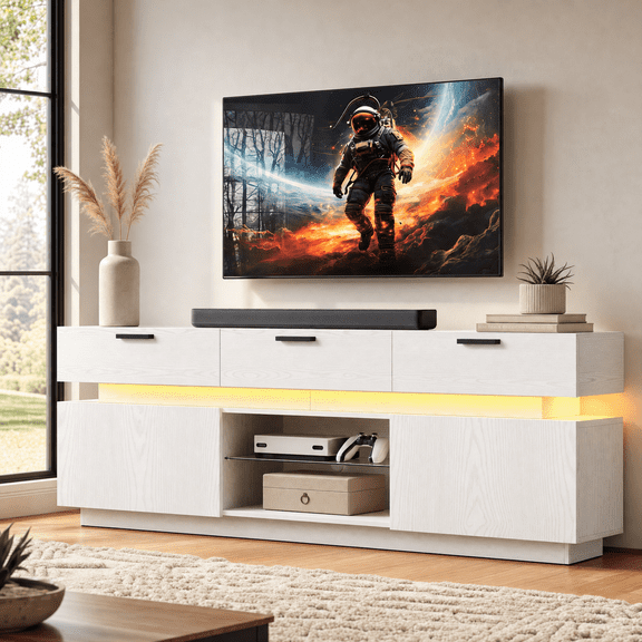 LIKIMIO TV Stand for TVs up to 85", Entertainment Center with LED Lights & Power Outlets, Modern Media Console for Living Room, White