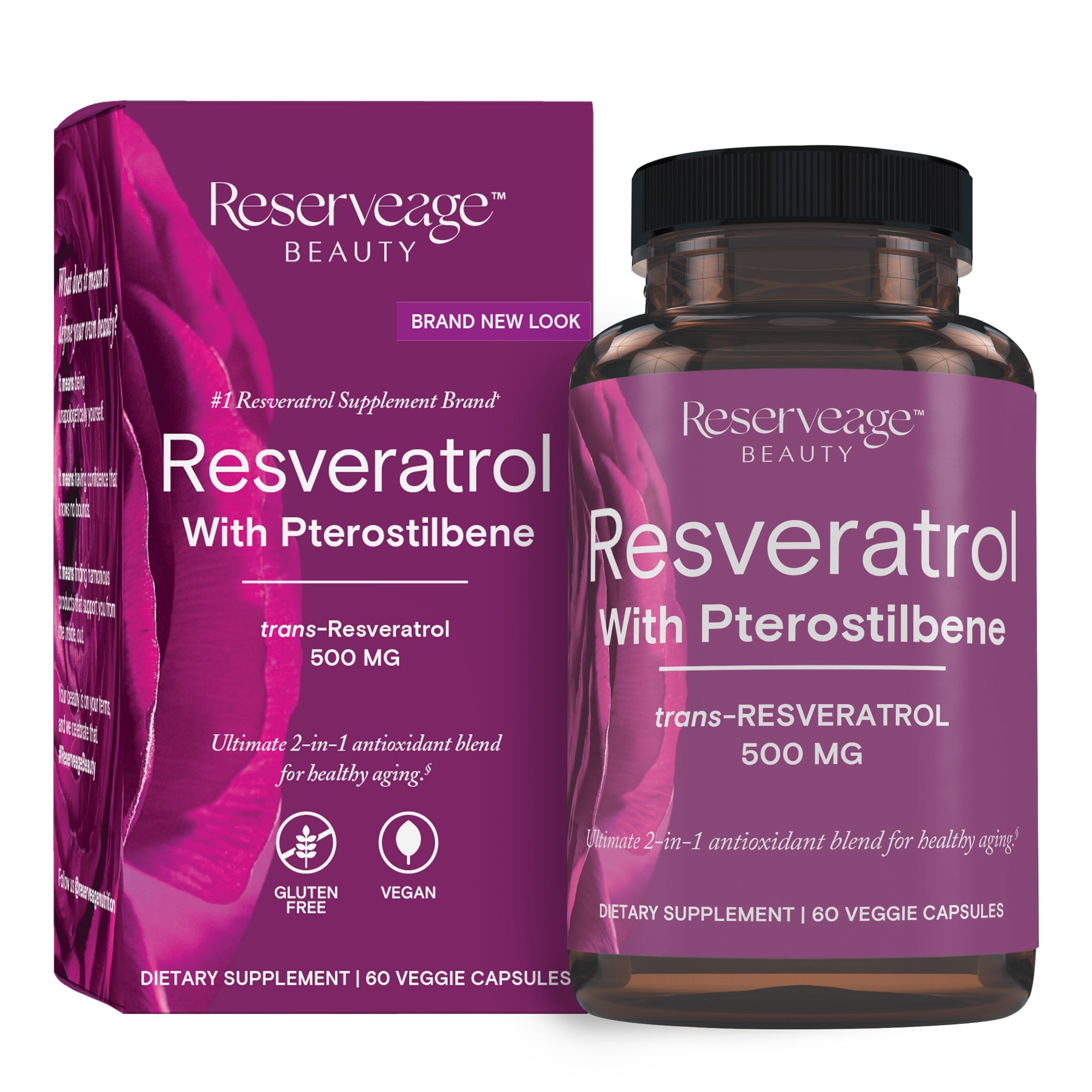 Reserveage Beauty, Resveratrol 500 mg with Pterostilbene, Antioxidant Supplement for Immune Support & Heart Health, Supports Healthy Aging, Paleo, Keto, 60 Capsules (60 Servings)