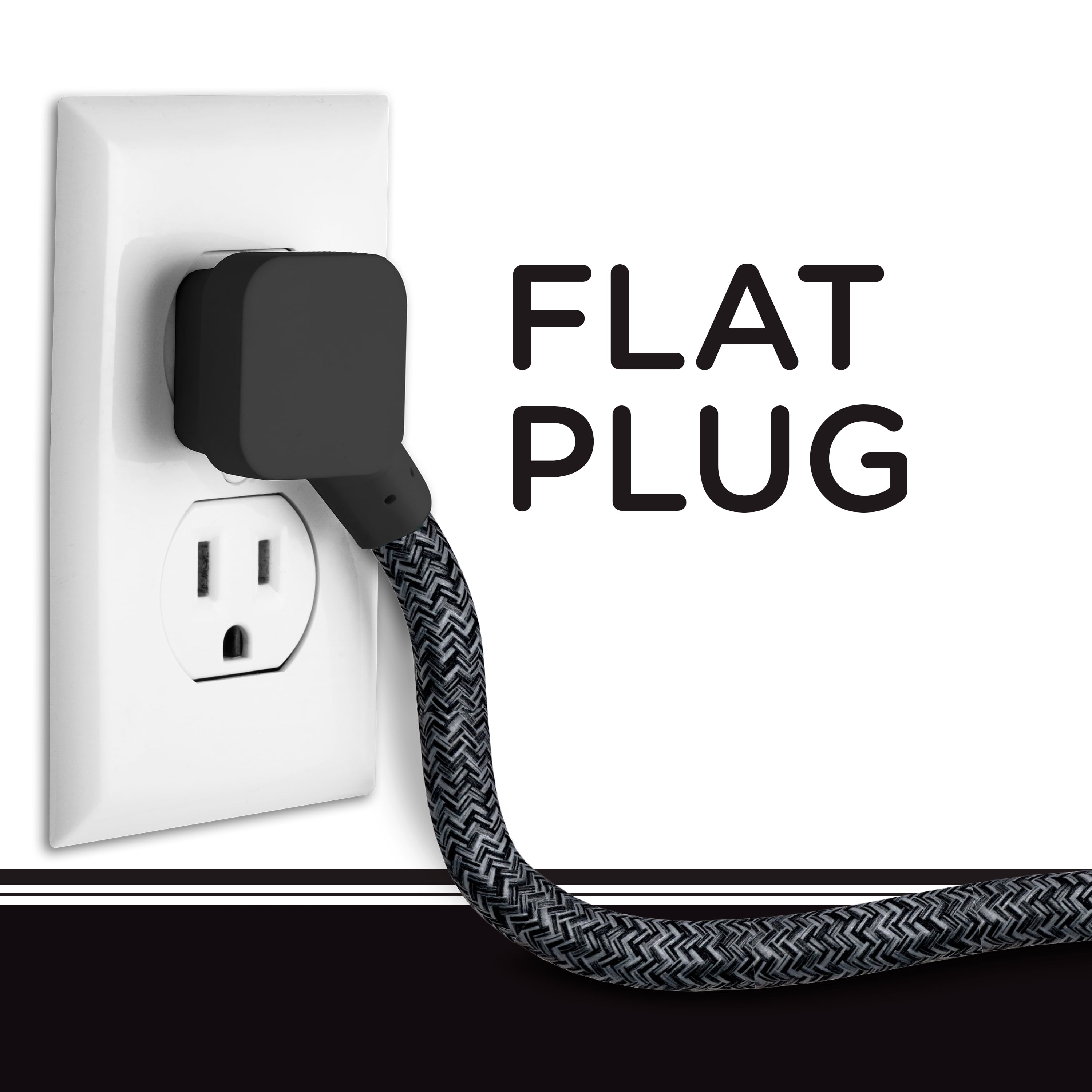 Cordinate 10 ft. Braided Designer Extension Cord, 3 Outlets, Dark Heather - 43013