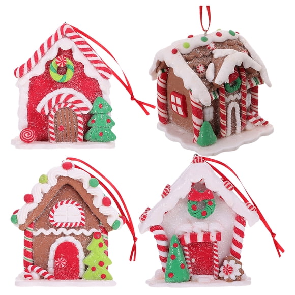 4 adornos de casitas de jengibre para colgar en el árbol de Navidad.