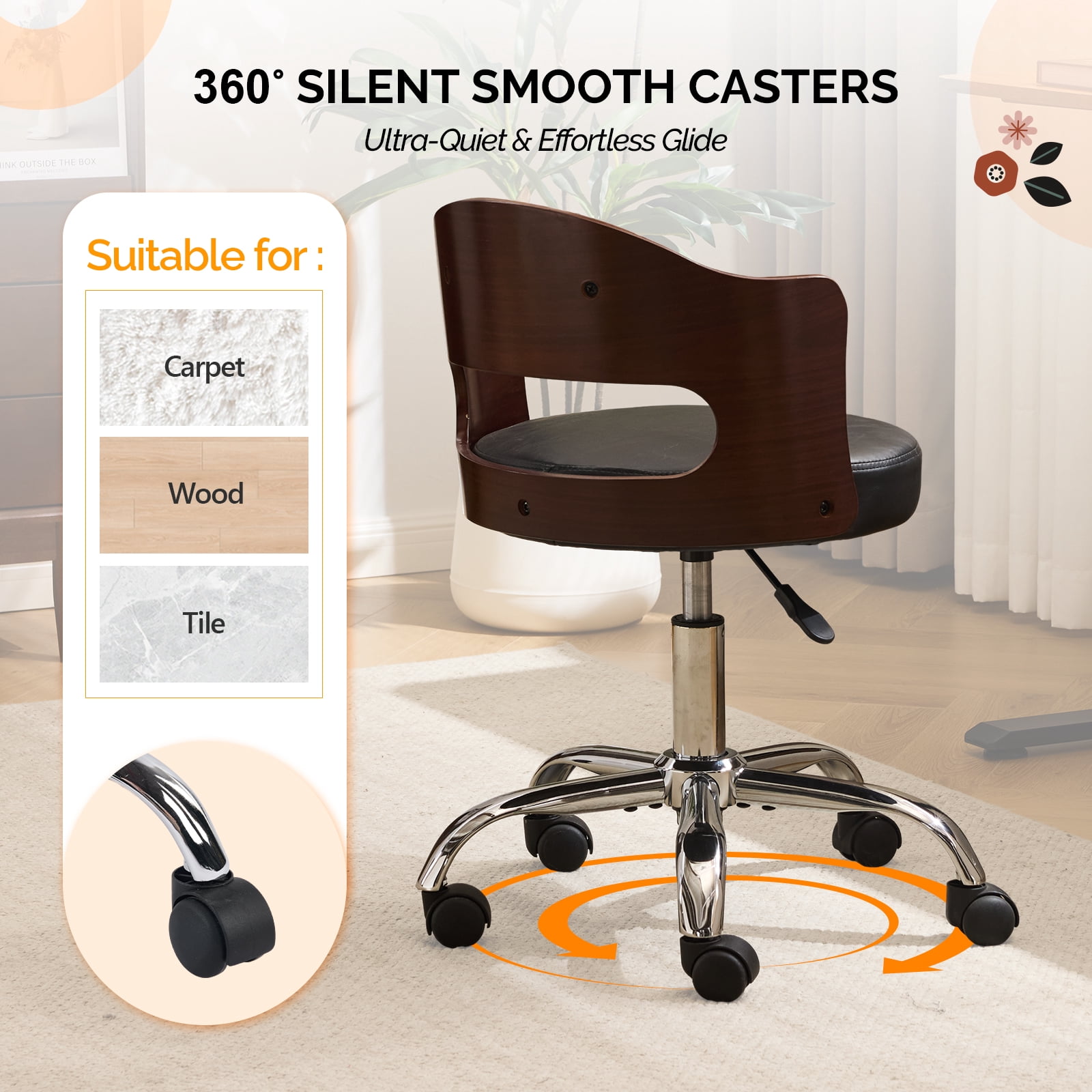 Ktaxon Office Computer Desk Chair with Rolling Wheels, Vanity Stool with Faux Leather Seat, Adjustable Task Chair for Study Make-up Dressing Black