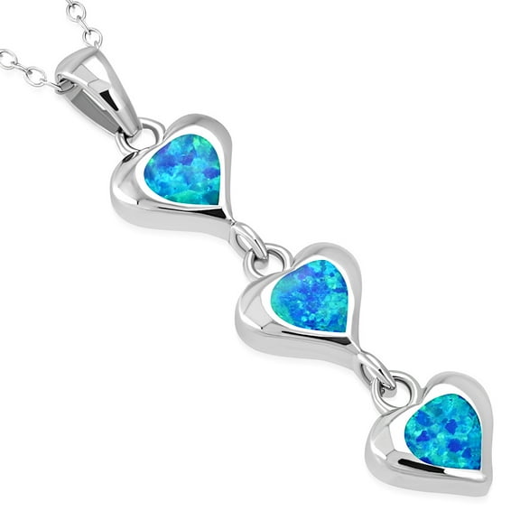 925 Sterling Silver Blue Simulated Opal Triple Heart Love Pendant Necklace, 18"