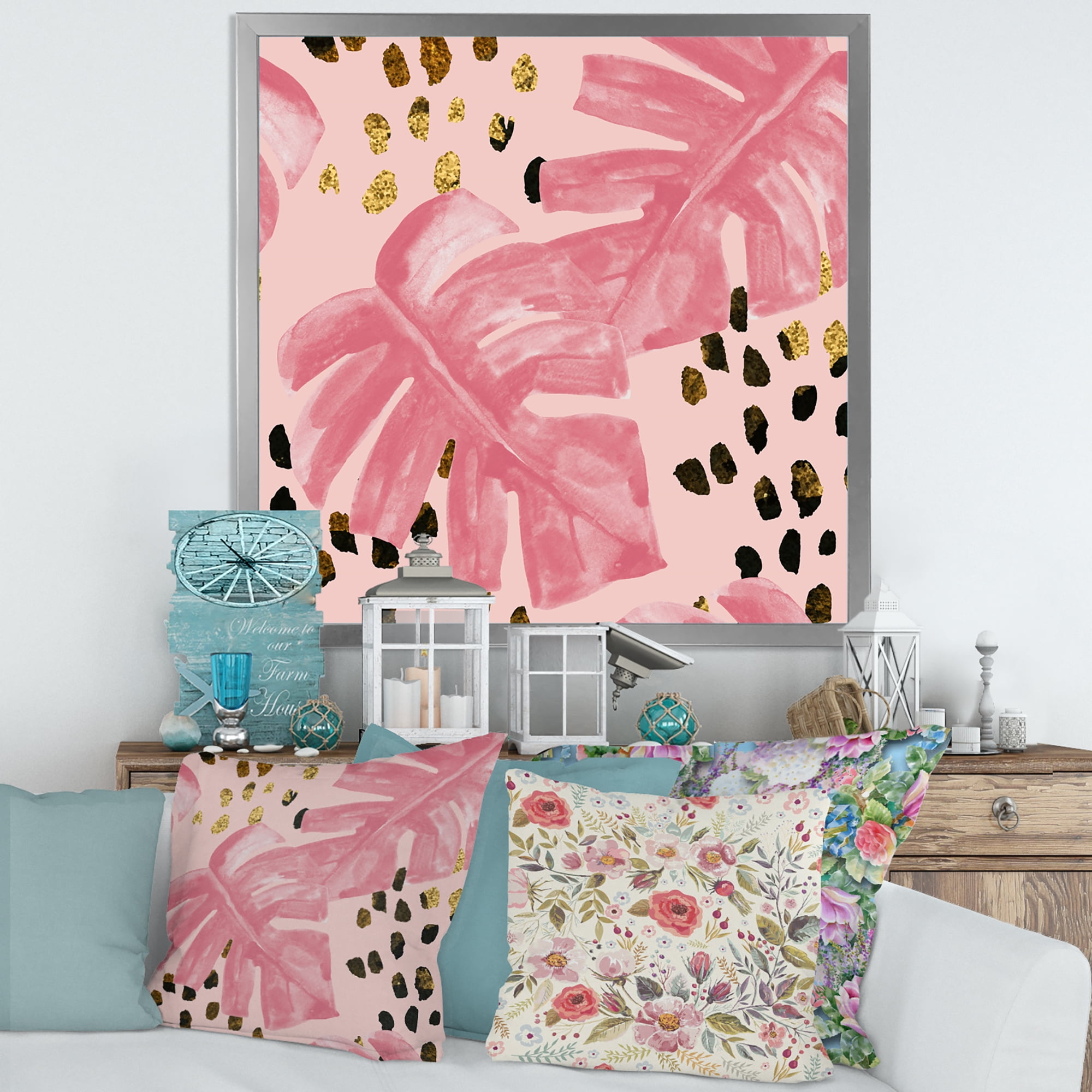 Designart 'Rough Brush Strokes Pink Colored Monstera I' Tropical Framed Art Print