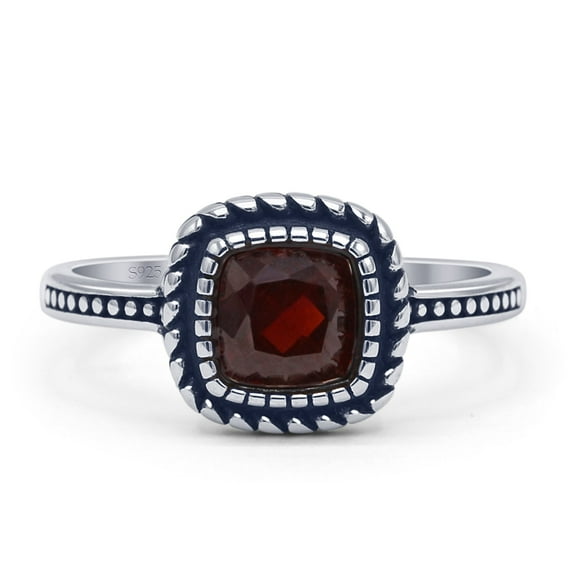 Cushion Cut Garnet CZ Beaded Oxidized Ring 925 Sterling Silver Size 5