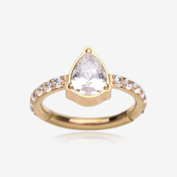 Implant Grade Titanium Golden Teardrop Sparkle Multi-Gem Rimmed Seamless Clicker Hoop Ring-Clear Gem