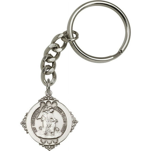 Antique Silver-Plated Guardian Angel Keychain 1 1/8 x 1 1/8 inches