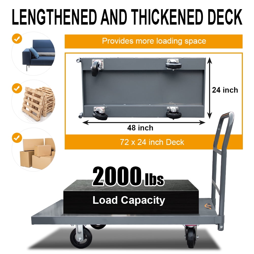 HPDAVV 48" L x 24" W Steel Platform Truck 2000 Lbs Loading Capacity Heavy Duty Flatbed Hand Truck Utility Push Cart with 6" Rubber Casters