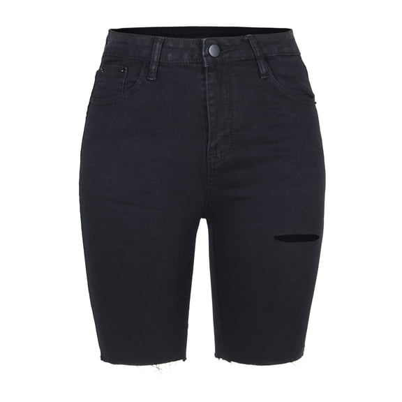 Women's High Waist Ripped Hole Denim Shorts Stretchy Bermuda Distressed Raw Hem Jean Shorts, Black, Small