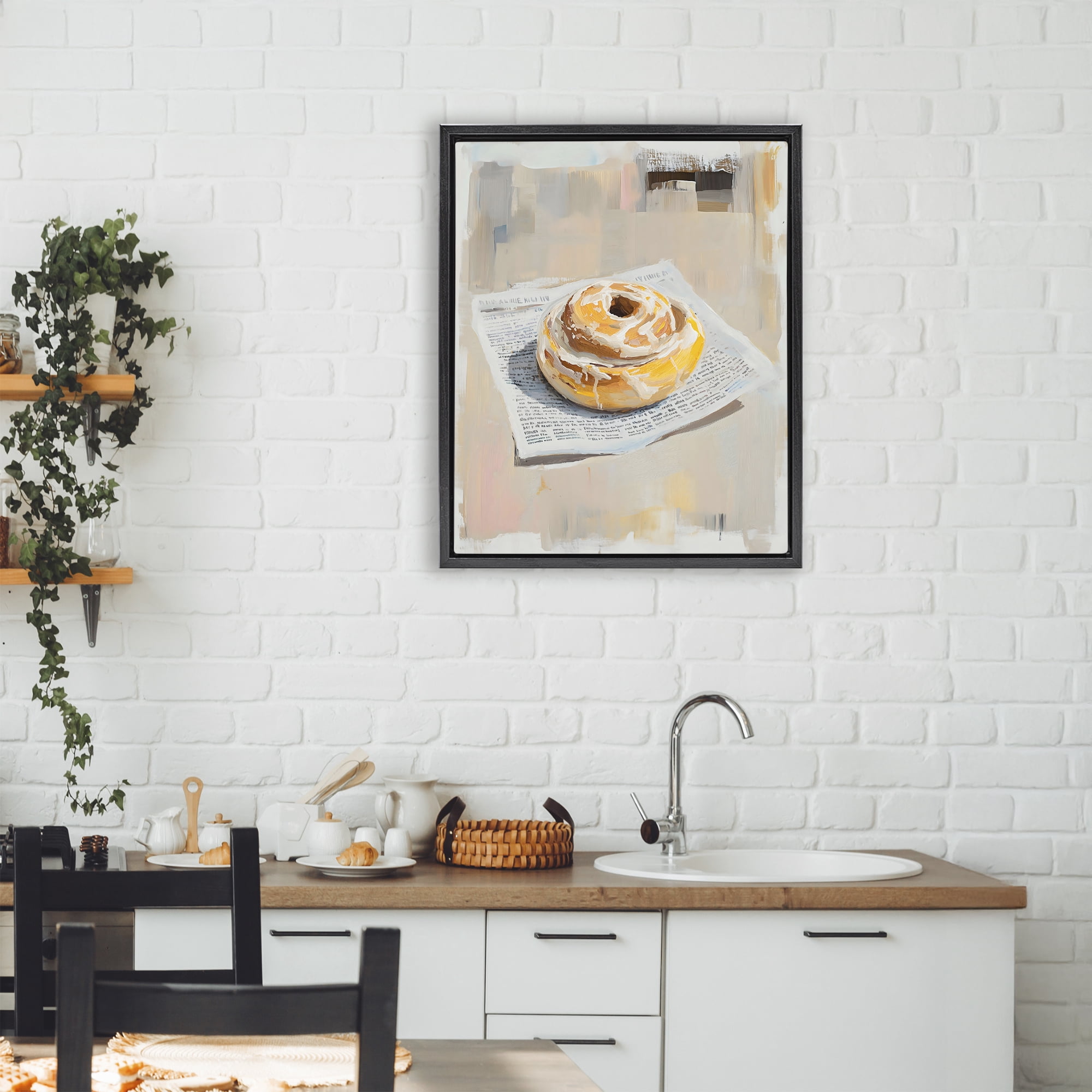 Stupell Industries Cinnamon Roll & Morning Paper Black Framed Floater Canvas Wall Art, design by The Prints Vibe