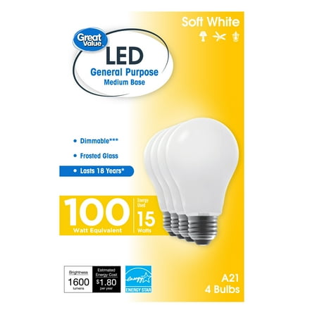 Great Value 18 Year LED Light Bulbs, A21 100 Watts Eqv, E26, Dim, Soft White, Frosted Glass, 4 Pack