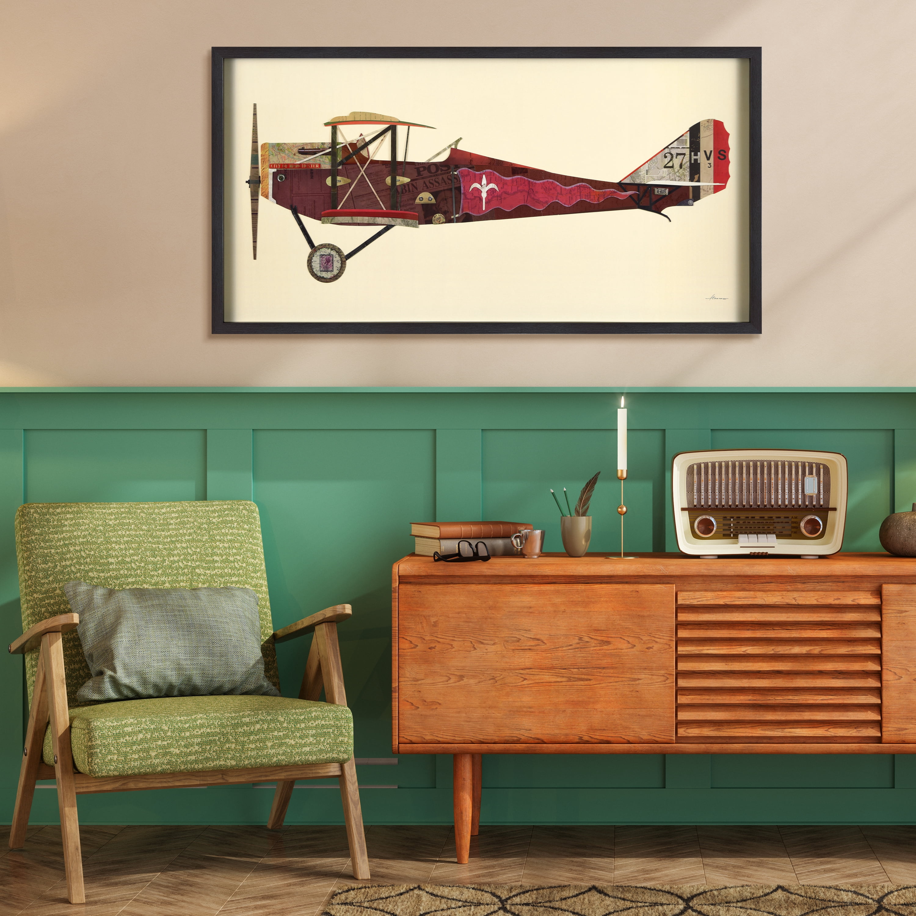 Empire Art Direct Antique Biplane #2 Dimensional Collage Framed Graphic Art Under Glass Wall Art, 25" x 48" x 1.4", Ready to Hang