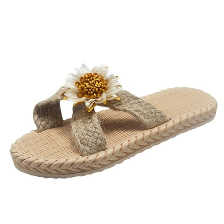 

NECHOLOGY Womens Slippers Summer Flat And And Flip Slippers Beach Woven Straw Sunflower Flops Saints Slippers for Women White 8.5