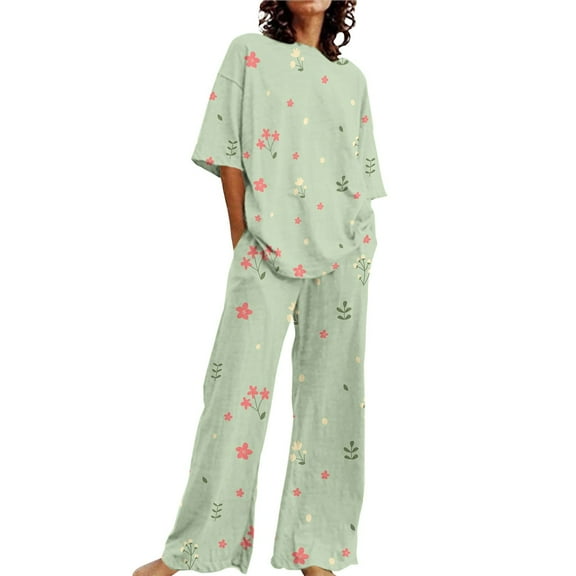 VISALY Women Pajama Sets Soft Sleepwear Cotton Linen Loungewear Print Two Piece Pajama Set Loose Fit Half Sleeve Blouses Long Pants Ag L