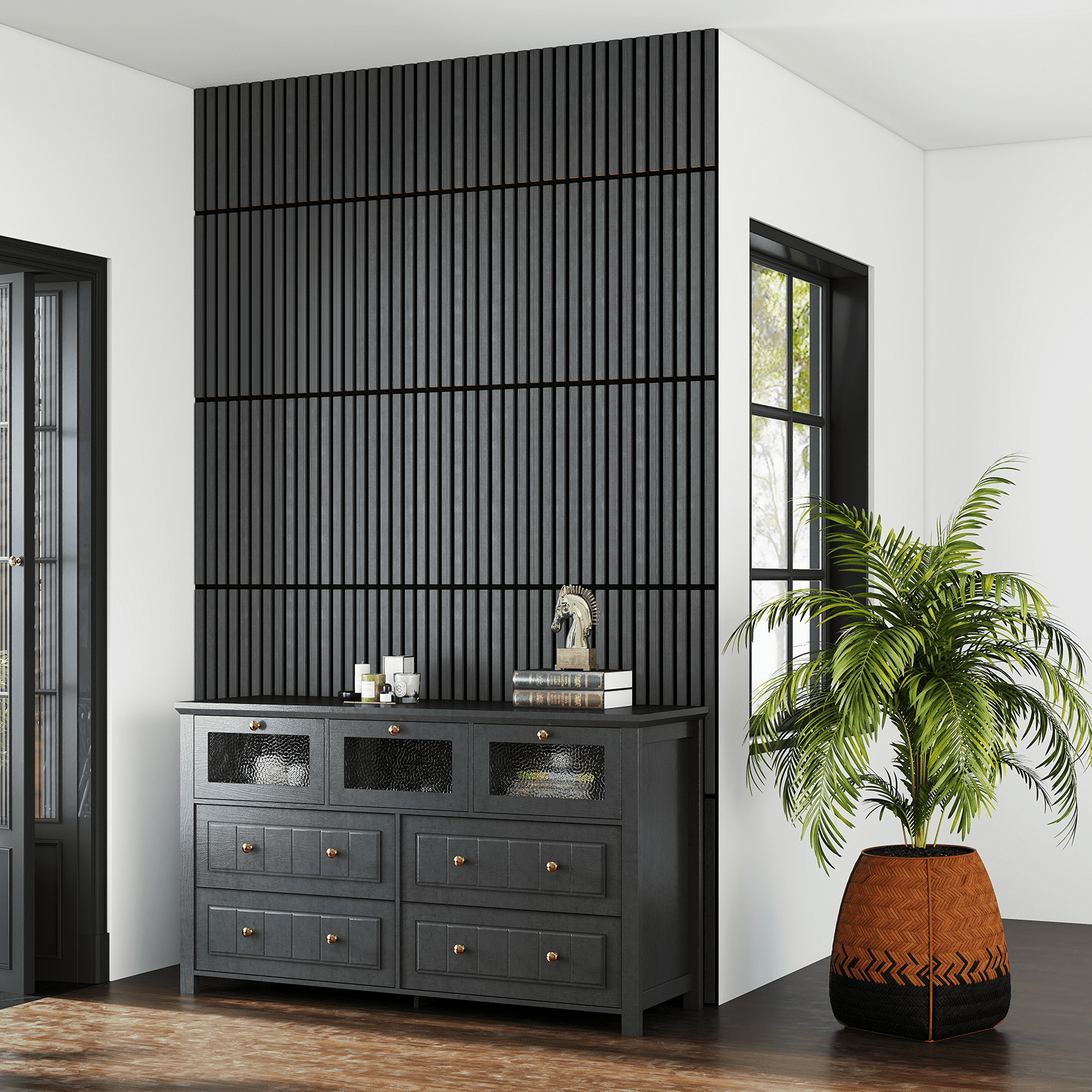 Upick Foldable Acoustic Wall Panels, 4 Pack 94.5" x 12.6" MDF Slat Wood Panels for Wall, Sound Absorbing Wall Panels for Interior Wall Decor, Matte Black