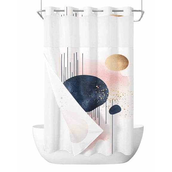 No Hook Shower Curtains with Snap in Liner, Pink Navy Blue Art Waterproof Fabric Shower Curtain, Geometric Abstract Art Modern Double Layers & See-Through Top Window Bathroom Curtains 54''x78''
