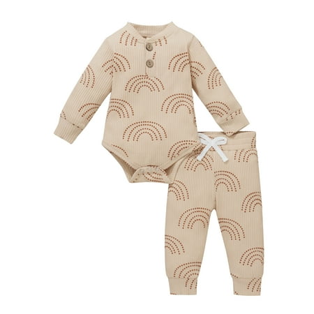 

SHIBAOZI Newborn Baby Boy Girl Autumn Outfits Rainbow Print Ribbed Long Sleeves Romper + Elastic Waist Pants Sets