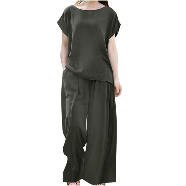 Ensembles 2 Pcs pour Femmes Grande Taille, Pyjamas de Détente, T-Shirts à Manches Courtes, Pantalons Longs à Jambes Larges Fluides, Tenues d'Été