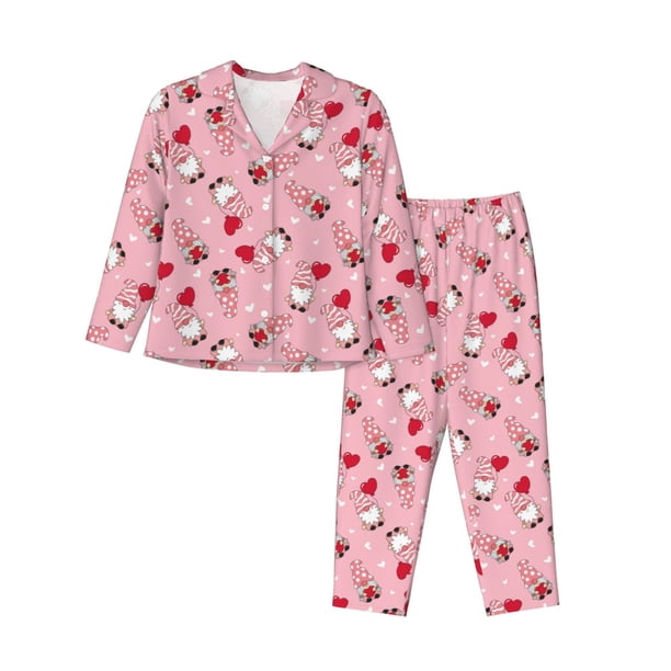 Balery Gnome With Heart Conjunto de Pijama con Estampado para Mujer, Conjunto de Dos Piezas con Manga Larga, Ropa de Dormir Suave con Bolsillos, Pijamas Cómodos-Small
