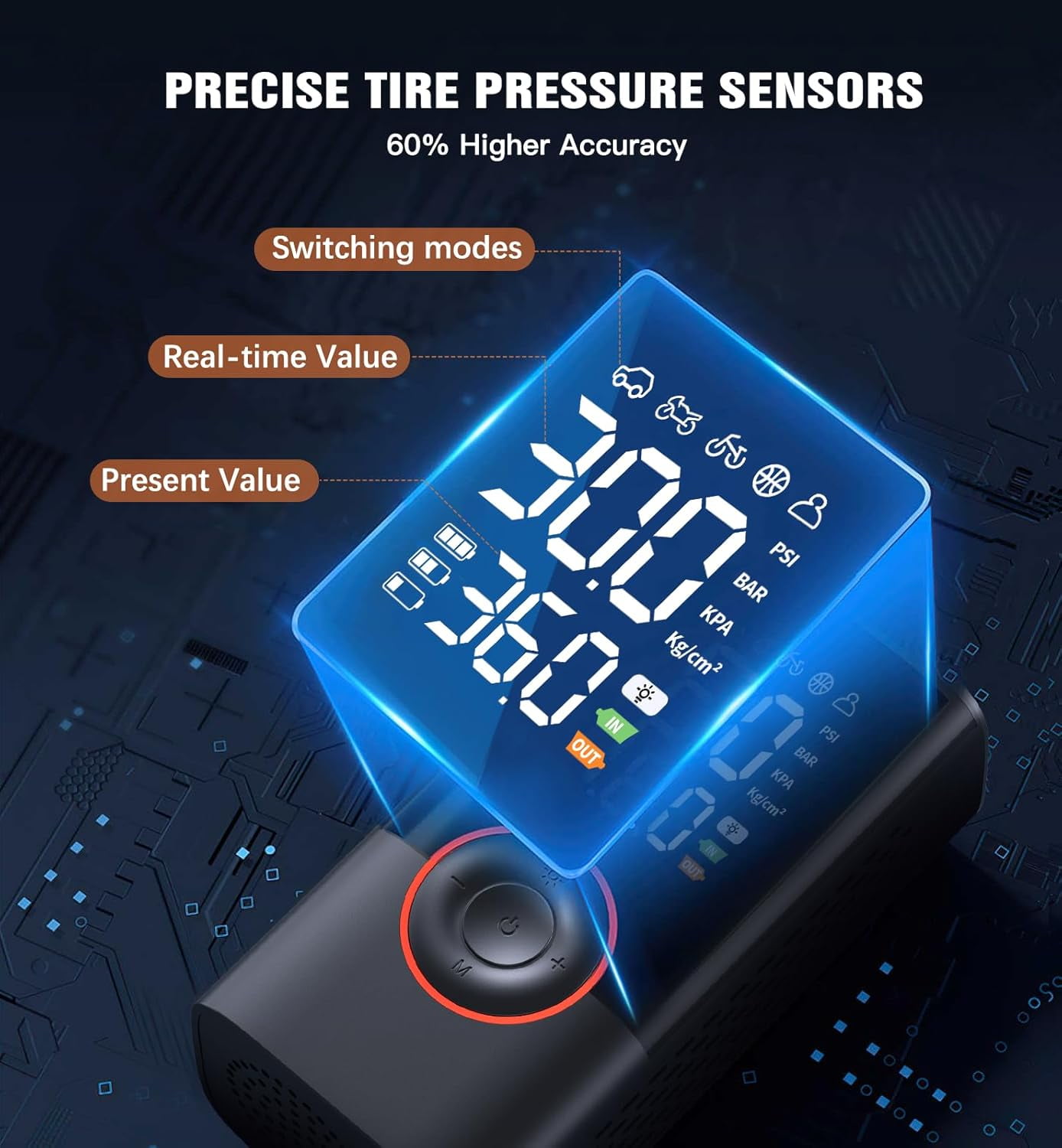 Tire Inflator Portable Air Compressor, 150 PSI Cordless Bike Pump, Air Pump for Auto, Motorcycle, Bicycle, Balls with Pressure Gauge, LED Light & Car Accessories, Black