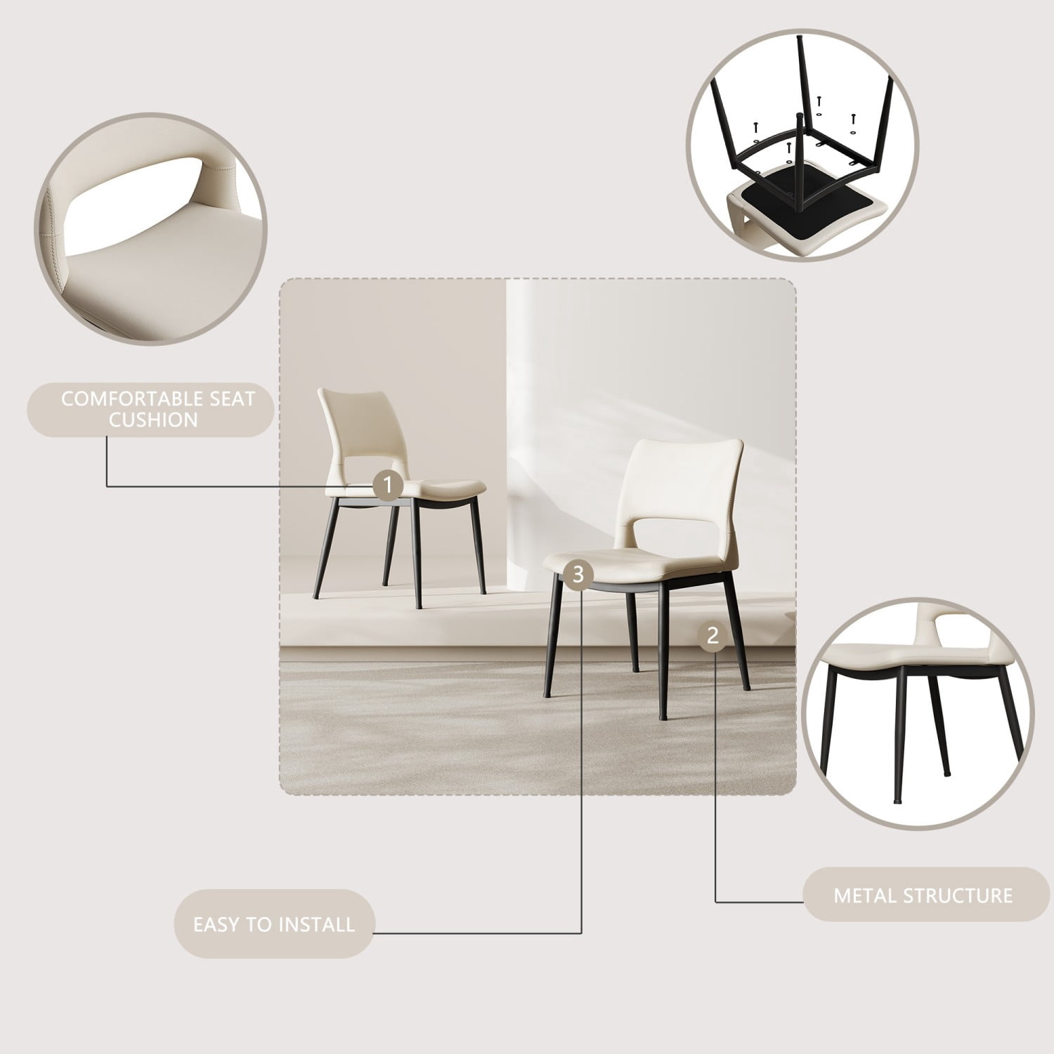 Modern Minimalist White PU Leather Dining Chairs Set of 2 Upholstered Kitchen Chairs with Metal Legs Ergonomic Backrest for Dining Room Restaurant Office