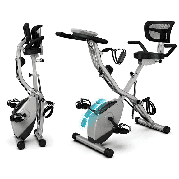 USLIM 5-in-1 Foldable Stationary Bike for Indoor Workout, Exercise Bike with Backrest, Arm Bands, Leg Cords, 300 lb Capacity