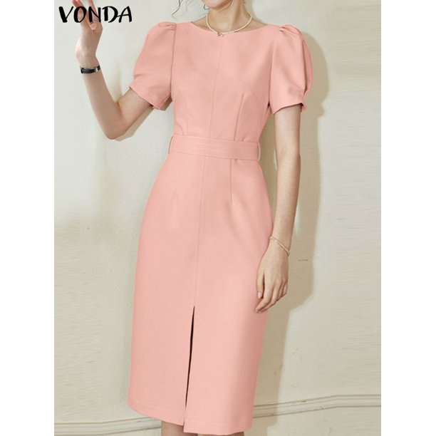 VONDA-vestido de oficina elegante para mujer, vestido Midi informal de manga larga, Color liso, para verano, 2024