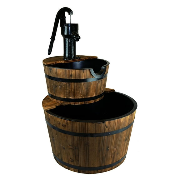 Westcharm Extra Large Cascading Water Fountain for Outdoor Outside Patio Yard | Decorative 2-Tier Wood Barrel Fountain with Pump | 37.5" Tall Garden Waterfall Fountain