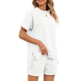 thumbnail image 3 of Women Casual 2 Piece Outfits Sweatsuits Summer Short Sleeve Loungewear Tracksuit Round Neck Lounge Shorts Sets White XXL, 3 of 10