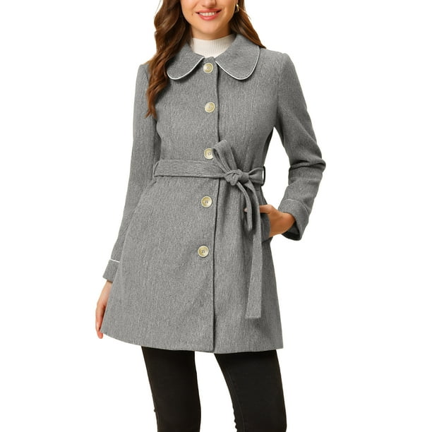 Abrigo largo elegante de invierno para mujer con cuello de solapa en gris claro M