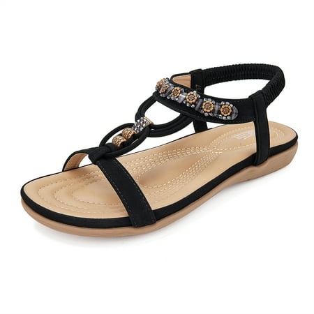 

SHIBEVER Summer Womens Flat Sandals Beaded Bohemian Elastic Back Strap Rhinestone Slip On Sandals Black