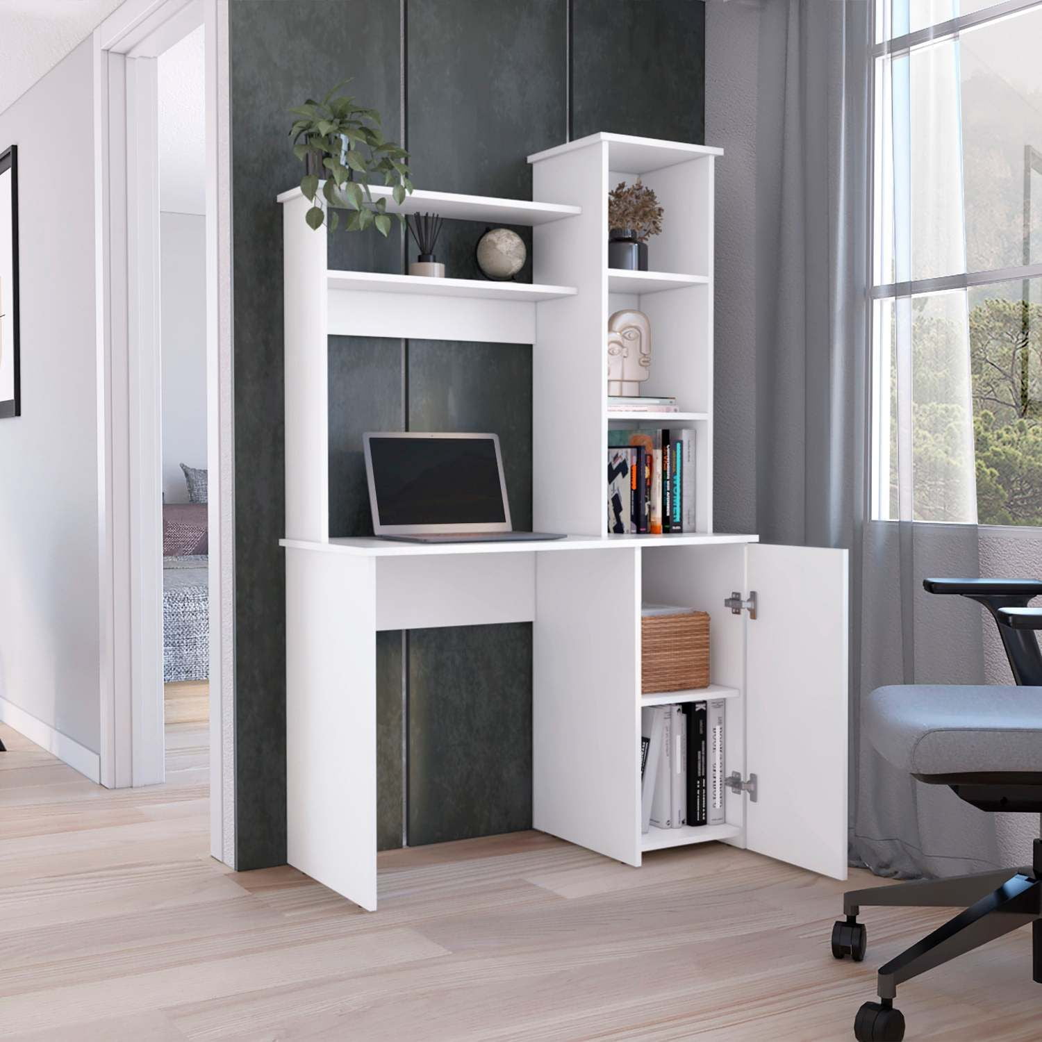 Asteroutdoor Muncy Computer Desk with Hutch, Single Door Cabinet, 3-Tier Shelves, 25.8 in Work Surface, Black