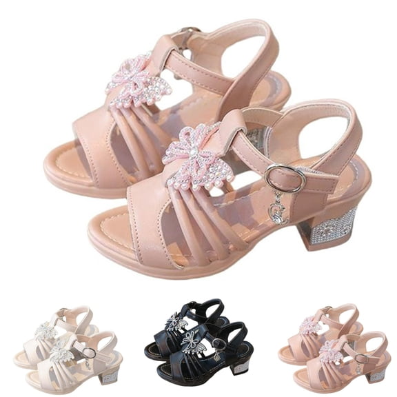 SGFCWSX Girls Low Heel Sandals Kids Rhinestone Bow Ankle Strap Open Toe Flower Girl Shoes Pink Size 1 Big Kids