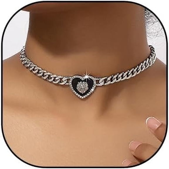 Heart Pendant Necklace for Women Gold Heart Choker Necklace Silver Rhinestone Chunky Cz Heart Necklaces Punk Cuban Link Chain Necklace Trendy Jewelry