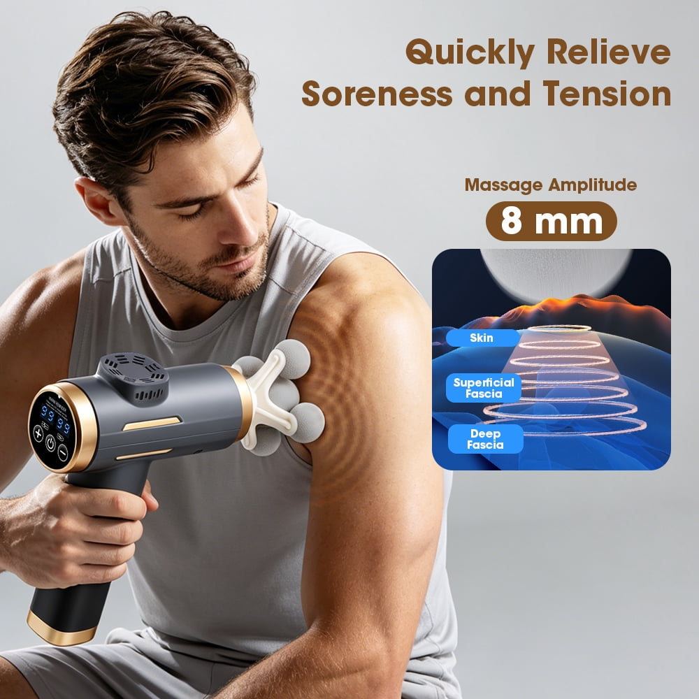 Massage Gun with 99 Speed Levels, Handheld Deep Tissue Percussion Massager with Digital Display, Auto Shut-off, 1500mAh Muscle Massager Gun with 11 Massage Heads, Gray