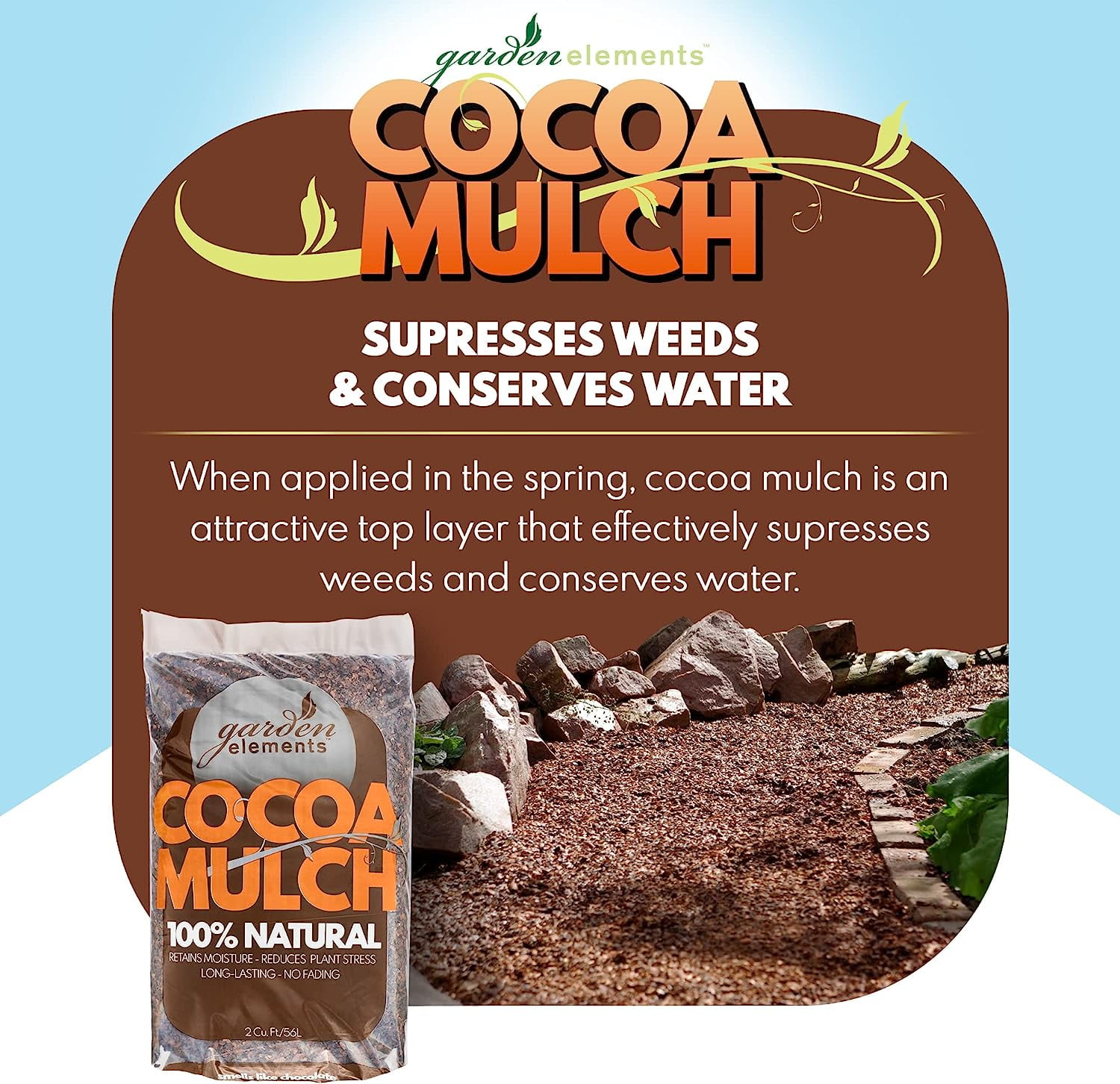 100% Natural Cocoa Bean Shell Mulch for Gardens, Flower Beds, Potted Plants, and Mulching, 2 cu ft